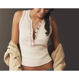 ❤Pilcro Anthropologie Henley Tee Tank Blouse Top Sleeveless Embroidered S 286554